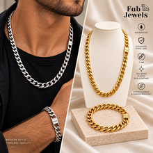 Load image into Gallery viewer, Fab Signiture Cuban Link 7 mm Set Necklace Matching Bracelet 18ct Gold Plated Stainless Steel 316L Waterproof