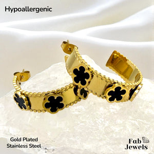 18 Gold Plated Stainless Steel Hoop Earrings with White Black Clover Flower