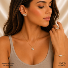 Load image into Gallery viewer, 18ct Gold Plated Stainless Steel 316L Lotus Glow Set Earrings Bracelet Ring Matching Pendant and Necklace