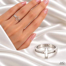 Load image into Gallery viewer, 18ct Gold Plated Stainless Steel WaterProof Cross Ring with Inlaid Cubic Zirconia