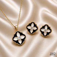 Load image into Gallery viewer, Midnight Bloom Flower Set 18ct Gold Plated Stainless Steel 316L Earrings and Necklace