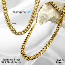 Load image into Gallery viewer, 18ct Gold Plated Stainless Steel 9mm Curb Chain Set Necklace and Matching Bracelet