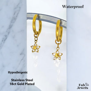 Gold Plated Stainless Steel Hypoallergenic Hoop Earrings with Flower Charms