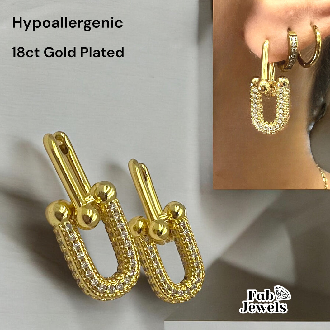 Gold Plated on Stainless Steel Hypoallergenic Dangling Earrings with Cubic Zirconia