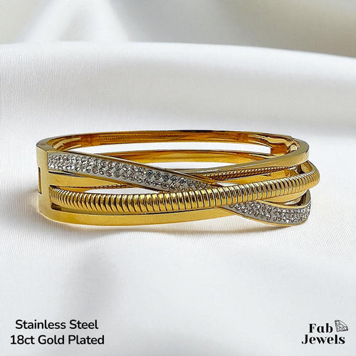 Stainless Steel 18ct Yellow Gold Plated Criss Cross Bangle with Sparkling Cubic Zirconia