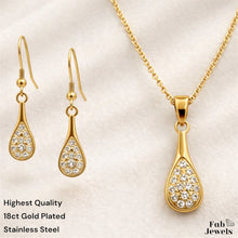 Load image into Gallery viewer, Stainless Steel 316L 18ct Gold Plated Sparkle Teardrop Set Necklace Pendant and Matching Earrings with Inlaid Cubic Zirconia