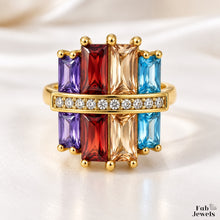 Load image into Gallery viewer, Highest Quality Gold Plated on Stainless Steel Multi Coloured Ring Inlaid Baguette Cut Cubic Zirconia Northern Lights Collection