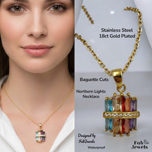 Load image into Gallery viewer, Highest Quality Gold Plated on Stainless Steel Multi Coloured Set Ring Necklace Pendant Inlaid Baguette Cut Cubic Zirconia Northern Lights Collection