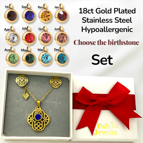 Stainless Steel Yellow Gold Plated Clover Set Necklace with Pendant + Personalised Birthstone and Matching Earrings