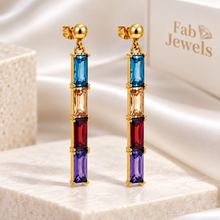 Load image into Gallery viewer, Highest Quality Gold Plated on Stainless Steel 316L Hypoallergenic Earrings Multi Coloured Inlaid Baguette Cut Cubic Zirconia Northern Lights Collection