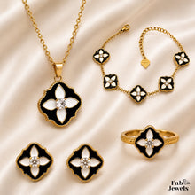 Load image into Gallery viewer, Midnight Bloom Flower Set 18ct Gold Plated Stainless Steel 316L Earrings Bracelet Ring Necklace