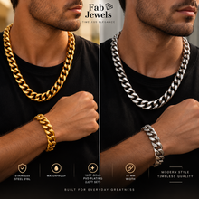 Load image into Gallery viewer, Fab Signiture Cuban Link 10 mm Set Necklace Matching Bracelet 18ct Gold Plated Stainless Steel 316L Waterproof