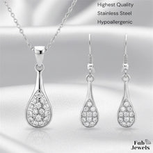 Load image into Gallery viewer, Stainless Steel 316L Silver Sparkle Teardrop Set Necklace Pendant and Matching Earrings with Inlaid Cubic Zirconia