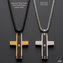 Load image into Gallery viewer, Carbon Fiber Fusion Men’s Cross Pendant with Inlaid Cubic Zirconia Stainless Steel 316L 18ct Gold Plated Necklace  Included