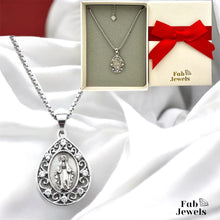 Load image into Gallery viewer, 18ct Gold Plated Stainless Steel 316L Virgin Mary Drop Pendant with Cubic Zirconia Complete with Necklace Waterproof