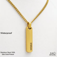 Load image into Gallery viewer, Stainless Steel 316L Yellow Gold Plated Engraved Inhobbok Tag Bar Pendant with Cuban Necklace Waterproof