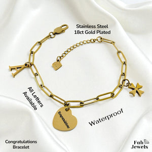 Stainless Steel Gold Plated Personalised Congratulations  Initial Maltese Cross  Charm Bracelet