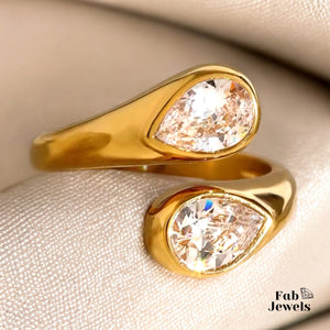 18ct Gold Plated on Stainless Steel Adjustable Ring Waterproof with Drop Cubic Zirconia