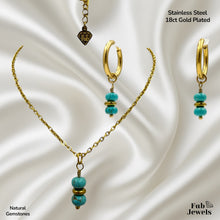 Load image into Gallery viewer, Stainless Steel 18ct Gold Plated Set Necklace Pendant and Matching Earrings with Natural Gemstones Turquoise Amethyst Onyx