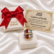 Load image into Gallery viewer, Highest Quality Gold Plated on Stainless Steel Multi Coloured Ring Inlaid Baguette Cut Cubic Zirconia Northern Lights Collection