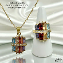Load image into Gallery viewer, Highest Quality Gold Plated on Stainless Steel Multi Coloured Set Ring Necklace Pendant Inlaid Baguette Cut Cubic Zirconia Northern Lights Collection