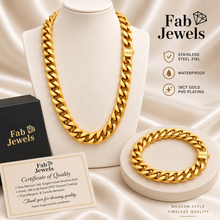 Load image into Gallery viewer, Fab Signiture Cuban Link 10 mm Set Necklace Matching Bracelet 18ct Gold Plated Stainless Steel 316L Waterproof