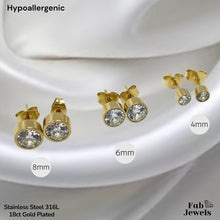 Load image into Gallery viewer, 18ct Gold Plated on Stainless Steel Hypoallergenic Solitaire Stud Earrings Clear Cubic Zirconias
