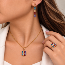 Load image into Gallery viewer, Highest Quality 18ct Gold Plated Stainless Steel 316L Multi Coloured Set Ring Earrings Necklace Pendant Inlaid Baguette Cut Cubic Zirconia Northern Lights Collection
