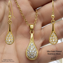 Load image into Gallery viewer, Stainless Steel 316L 18ct Gold Plated Sparkle Teardrop Set Necklace Pendant and Matching Earrings with Inlaid Cubic Zirconia