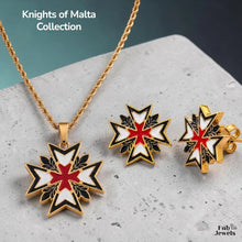 Load image into Gallery viewer, 18ct Gold Plated on Stainless Steel 316L Knights of Malta Set Pendant Hypoallergenic Stud Earrings Rope Chain and Bangle