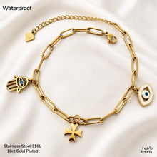 Load image into Gallery viewer, Stainless Steel 316L Waterproof 18ct Gold Plated Maltese Cross Evil Eye Hamsa Hand Charm Anklet Ankle Chain