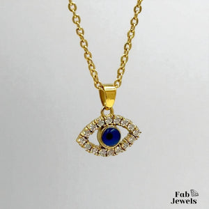 Yellow Gold Plated on Stainless Steel Evil Eye Good Luck Pendant with Inlaid Cubic Zirconias Necklace Included