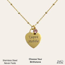 Load image into Gallery viewer, Engraved Stainless Steel &#39;Laqwa Habiba’ Heart Pendant with Personalised Birthstone Inc. Necklace