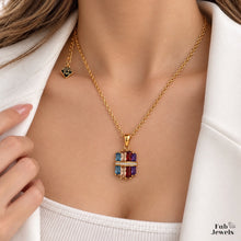 Load image into Gallery viewer, Highest Quality Gold Plated on Stainless Steel Multi Coloured Pendant Inlaid Baguette Cut Cubic Zirconia Northern Lights Collection Necklace Included
