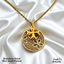 Load image into Gallery viewer, 18ct Gold Plated on Stainless Steel Maltese Cross Flower Double Pendant Inc. Rope Chain