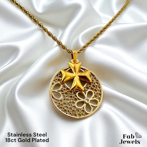 18ct Gold Plated on Stainless Steel Maltese Cross Flower Double Pendant Inc. Rope Chain