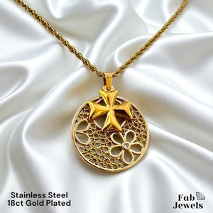 18ct Gold Plated on Stainless Steel Maltese Cross Flower Double Pendant Inc. Rope Chain