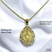 Load image into Gallery viewer, 18ct Gold Plated Stainless Steel 316L Virgin Mary Drop Pendant with Cubic Zirconia Complete with Necklace Waterproof
