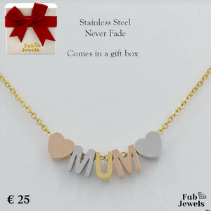 Mum Necklace Multi Colour Rose Gold Yellow Gold Plated on Stainless Steel