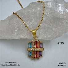 Load image into Gallery viewer, Highest Quality Gold Plated on Stainless Steel Multi Coloured Pendant Inlaid Baguette Cut Cubic Zirconia Northern Lights Collection Necklace Included
