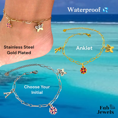 Stainless Steel Silver / Yellow Gold Plated Personalised Initial Anklet Butterfly Flower Charms Waterproof