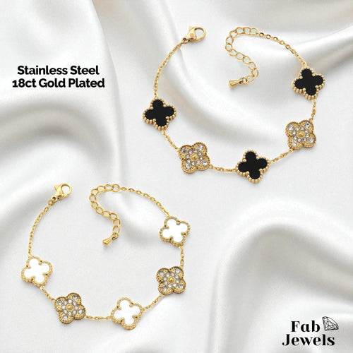Stainless Steel 316L 18ct Gold Plated 5 Clover Bracelet with Cubic Zirconia