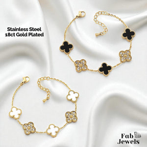 Stainless Steel 316L 18ct Gold Plated 5 Clover Bracelet with Cubic Zirconia