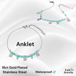 Anklet Ankle Chain Stainless Steel Waterproof Turquoise Beads Clover Charms