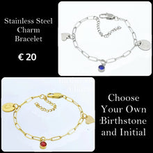 Load image into Gallery viewer, Stainless Steel Charm Bracelet Paperclip Chain with Personalised Initial and Birthstone Inc. Heart Charm