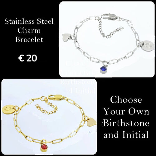 Stainless Steel Charm Bracelet Paperclip Chain with Personalised Initial and Birthstone Inc. Heart Charm