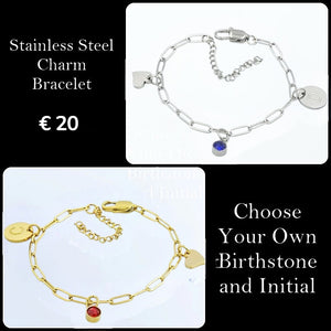 Stainless Steel Charm Bracelet Paperclip Chain with Personalised Initial and Birthstone Inc. Heart Charm