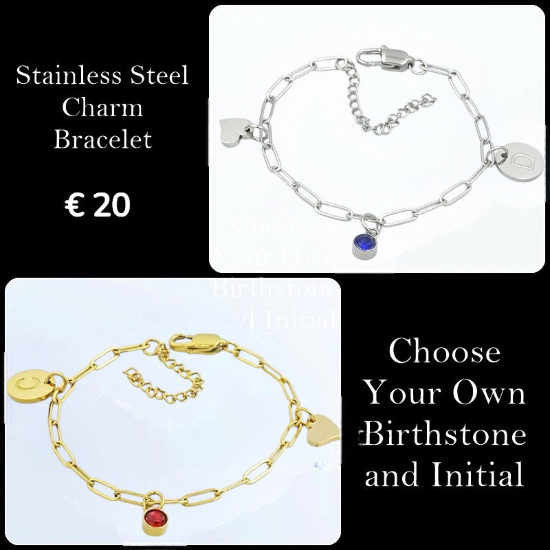 Stainless Steel Charm Bracelet Paperclip Chain with Personalised Initial and Birthstone Inc. Heart Charm