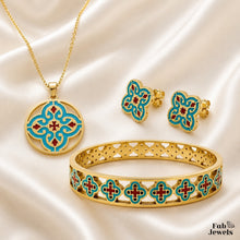 Load image into Gallery viewer, 18ct Gold Plated Stainless Steel 316L Maltese Cross Maduma Tile Set Pendant Necklace Stud Earrings Matching Bangle
