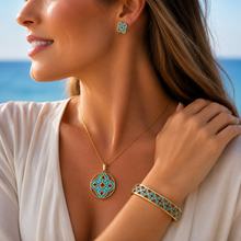 Load image into Gallery viewer, 18ct Gold Plated Stainless Steel 316L Maltese Cross Maduma Tile Set Pendant Necklace Stud Earrings Matching Bangle